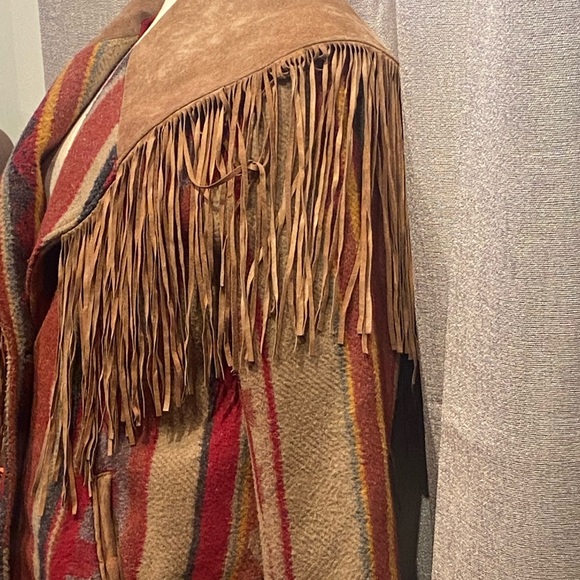 Pioneer wear vintage colorful southwestern print wool and suede fringe jacket - Picture 2 of 14